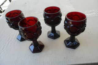 Vintage Avon Glass Cape Cod Ruby Red Wine / Water Goblets.  Set Of 4