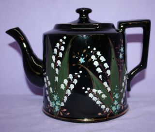 Vintage Hand Painted Teapot With Lid Black With Lily Of The Valley Flowers