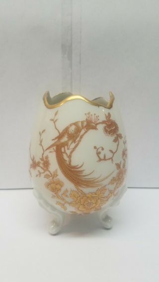 Vintage Limoges France Footed Egg Shape Peacock & Floral Vase 4 1/2 In.