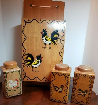 Vintage Woodpecker Wood Ware Hand Painted Japan Set Of 3 Shakers Knife Holder