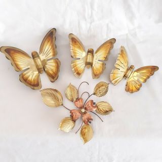 Homco Home Interior Vtg 3 Brass Tone Metal Butterflies,  Flower Wall Plaques
