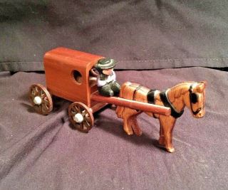 6 " Handmade Wooden Miniature Amish Horse & Buggy W/ Iron Man Lancaster,  Pa 1999