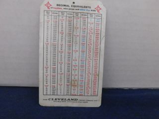 Vintage Cleveland Twist Drill Co.  Decimal Equivalents Tap Drill Sizes Card