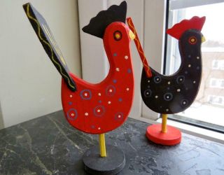 2 Vintage Folk Art Wood Roosters Hand Carved And Painted Bright Red Black Colors