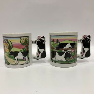 2 Holstein Cow Handle Coffee Mugs Farm Scene Cups Cows Pasture Made In Japan