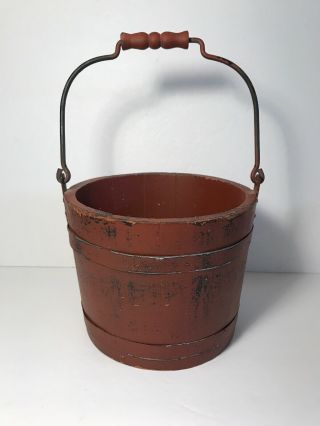 Vintage Style Primitive Barn Red Painted Wood Berry Bucket Pail With Handle