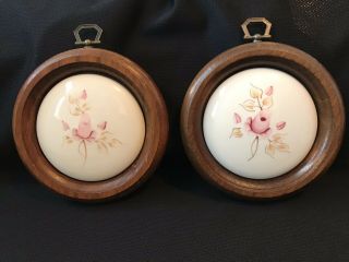 Vintage Pink Rose Wall Plaques Hand Painted Ceramic Wood Round Circa 1970s