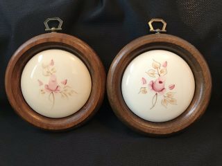 Vintage Pink Rose Wall Plaques Hand Painted Ceramic Wood Round circa 1970s 2
