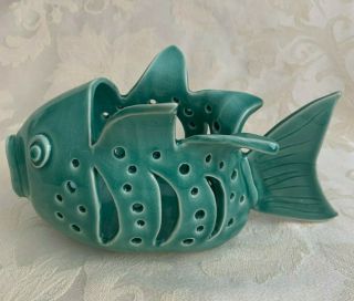 Unique Oak Hand Made Fish Candle Votive Holder Ceramic Turquoise Glaze