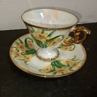 Vintage Ucagco White Porcelain Tea Cup & Saucer,  Daffodils March,  Japan