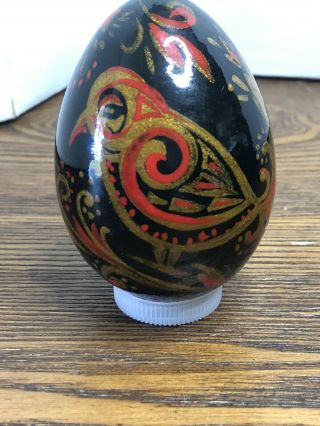 Vintage Hand Painted Red And Black Decorative Wooden Egg Peacock (?)