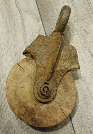 Antique Primitive Cast Iron And Wood Pulley Vtg Old
