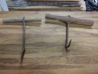 2 Farm Hay Hooks With Wooden Handle