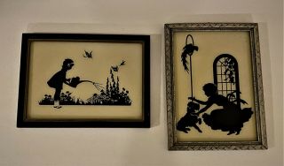 Two Vintage Reverse Painted Silhouettes Girls,  Dog,  Parrot,  Birds,  Flowers