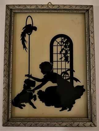 Two Vintage Reverse Painted Silhouettes Girls,  Dog,  Parrot,  Birds,  Flowers 3