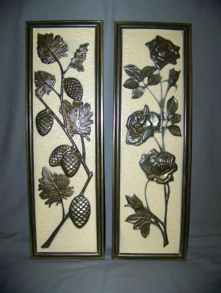 Vintage Elpec Metal/brass Rose & Pinecone Plaques Made In England