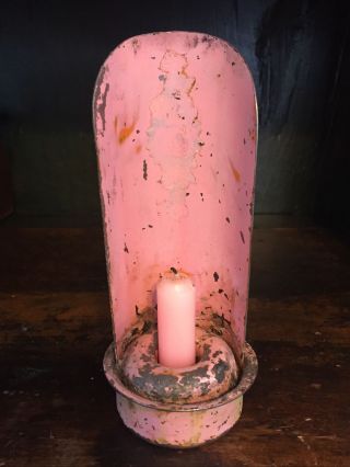 Antique Primitive Shabby Chic Pink Rusty Metal Candle Holder - - Wall Hanging