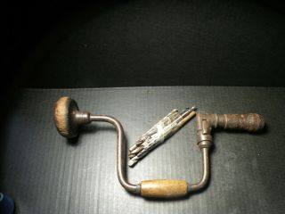 Antique Wooden Handled Hand Crank Brace Drill Bit With Bits