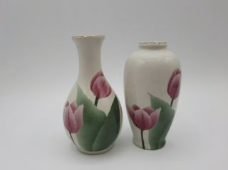 2 Vintage Otagiri Bud Vases With Tulips And Gold Accents