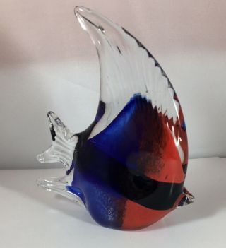 Art Glass Hand Blown Angel Fish Paper Weight Blue Red Black 4 1/2” X 4” B43