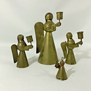 Vtg Set Of 4 Mexican Folk Art Brass And Copper Angel Figures / Candle Holders