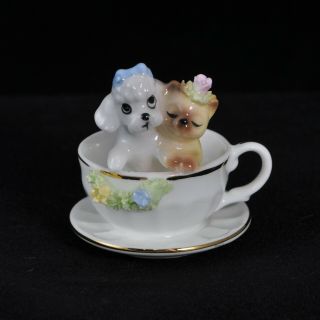 Napcoware Teacup With Puppy Kitten Dog Cat Mini Figurine Gilded Bone China