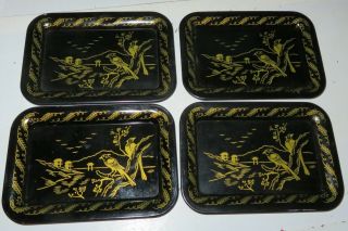 4 Vintage Mini Metal Snack Trays Asian Flower Bird Gold Trim Design Black
