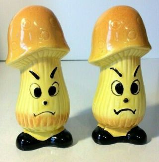 Vintage Angry Mushroom Anthropomorphic Salt Pepper Shakers Japan 4 1/2 "