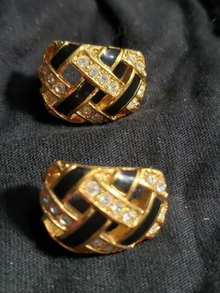 Vtg Signed Swarovski Earrings Gold Tone Black Enamel Clear Crystals Swan Stamped