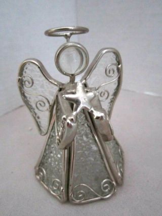 Vintage Stained Glass Angel W/star Hanger Figurine.  Silver & Clear Glass 4 " Tall