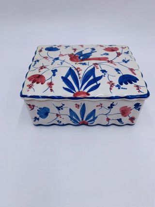 Vintage Italian Italy Porcelain Hand Painted Trinket Box Blue And Red Birds