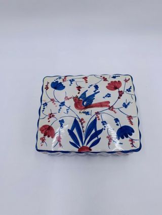 Vintage Italian Italy Porcelain Hand Painted Trinket Box Blue and Red Birds 2
