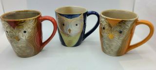 Gibson Elite Couture Owl Coffee Mugs Tea Cups Set Of 3 Orange Blue Red Glazed