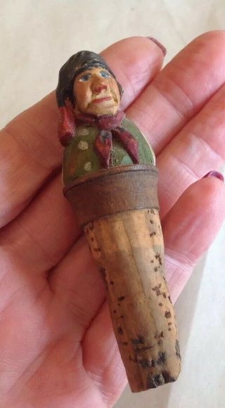 Antique Anri Italy Hand Carved Painted Wood Small Cork Bottle Stopper 2 " T Man