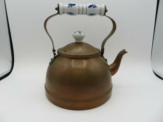 Vintage Rustic Copper Tea Pot Kettle Blue White Ceramic Handle