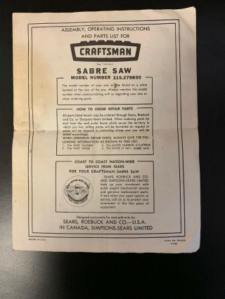 Vintage Sears Craftsman Sabre Saw Model No.  315.  279850 Instructions & Parts List