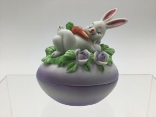 Vintage Lefton Easter Egg With Bunny Rabbit Porcelain/bisque Trinket Box Flowers