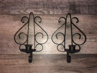 2 Vintage Home Interior Black Metal Wrought Iron Scroll Sconces Candle Holder