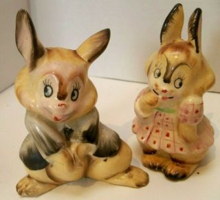 Rare Vintage Japan Anthropomorphic Bunnies Girl & Boy Salt & Pepper Shakers