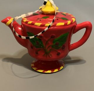 Mary Engelbreit Ceramic Red Tea Pot With Christmas Holly Ornament W/cord Me Ink
