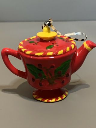 Mary Engelbreit Ceramic Red Tea Pot With Christmas Holly Ornament W/Cord ME Ink 2