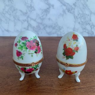 2 - Porcelain Trinket Boxes Hinged Footed Egg Shaped Floral Painted