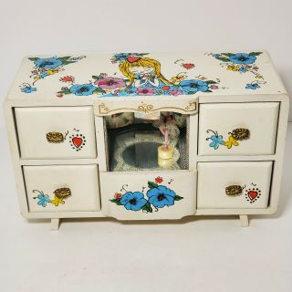 Vintage Musical Jewelry Box With Ballerina Made In Japan Floral Flowers Wind Up