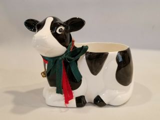 Black White Holstein Dairy Cow Planter Ceramic 6 " X 5 " With Bell And Ribbon Bow