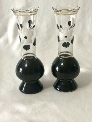 Vintage 2 Vases Black White Clear Hand Painted Flowers Gold Rim 9 " Tall