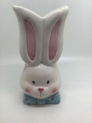 Bunny Vase 6 1/2 Inches Tall Ceramic Hand Painted White W/pink Ears And Blue Bow