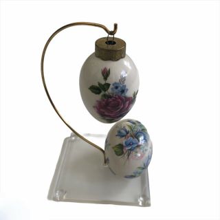 The Egg Lady Eggs 2 Vintage Collectable Hand Painted Rose & Freesia With Stand