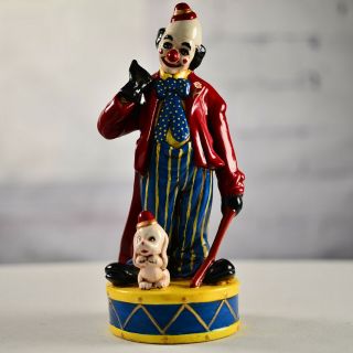 Vintage Ceramic Circus Clown Figurine With Puppy Dog Figure Maroon Blue Drum