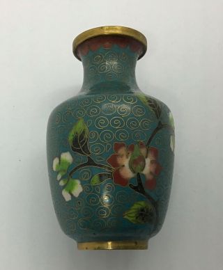 Vintage Small Chinese Cloisonné Enameled Bud Vase Brass Turquoise Floral 3.  25 " T