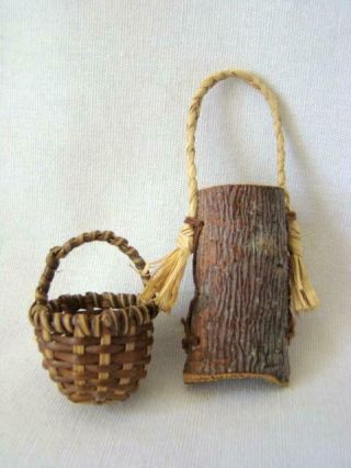 2 Sweet Vintage Miniature Folk Art Hand Made Christmas Basket Ornaments,  Doll